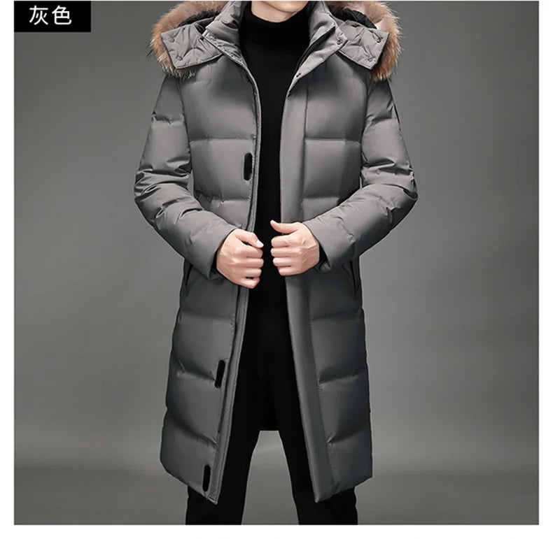 Luxury Long Down Jacket Men's Winter Korean Style Detachable Fur Collar Cap White Duck Down Warm Coat Brand Lightweight Parka