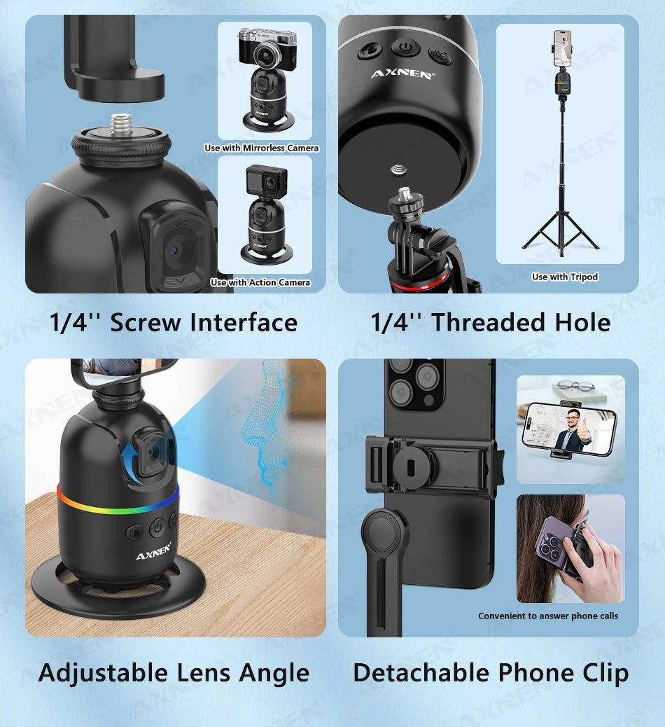 Smart Auto Face Tracking Desktop AI Gimbal for Smartphone & Action Camera 360 Rotation Follow Focus Vlog Kit, Option with Tripod