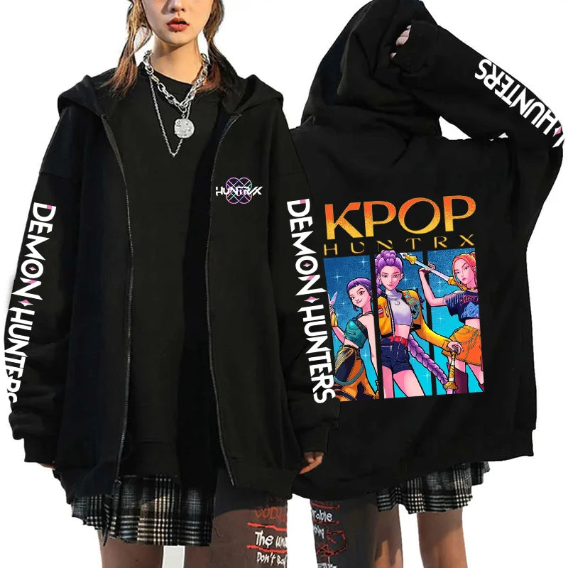Hot Kpop Demon Hunters Mira Rumi Zoey Print Hoodie Fashion Harajuku Zipper Hoodies Women Men Sweatshirt Long Sleeve Casual Tops