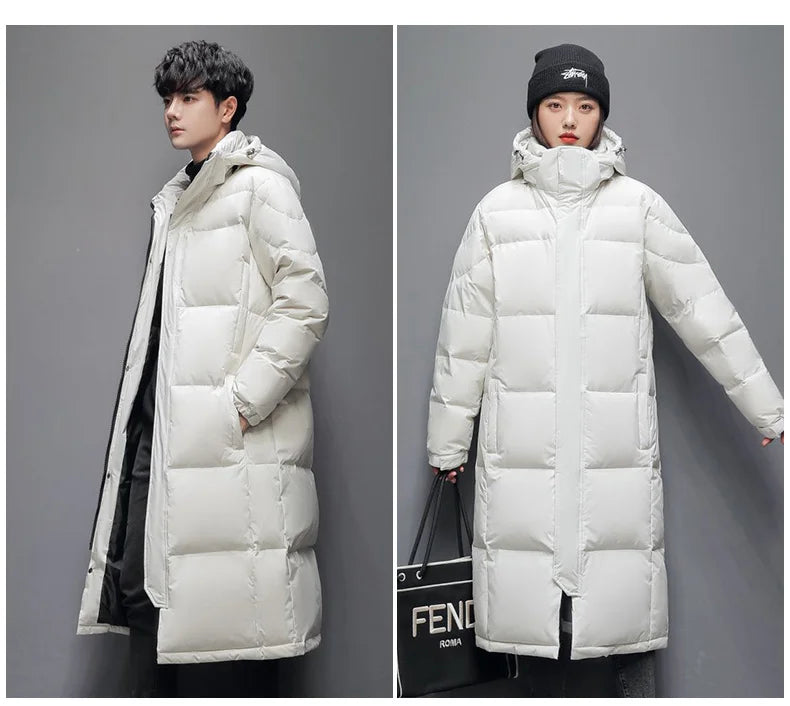 Men's Winter Long Down Jacket Brand Trendy Solid Color Hooded White Duck Down Parka Women Outdoor Ski Clothes Lightweight Coat
