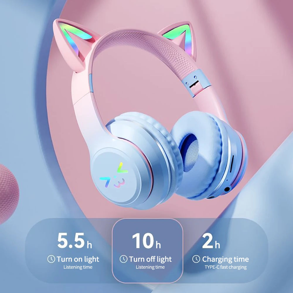 RGB Cat Ear Wireless Headphones Glow with Microphone Stereo Music Sport Headset Gaming Headphones For Kids Girls Gifts - YourGiftIdeasUK