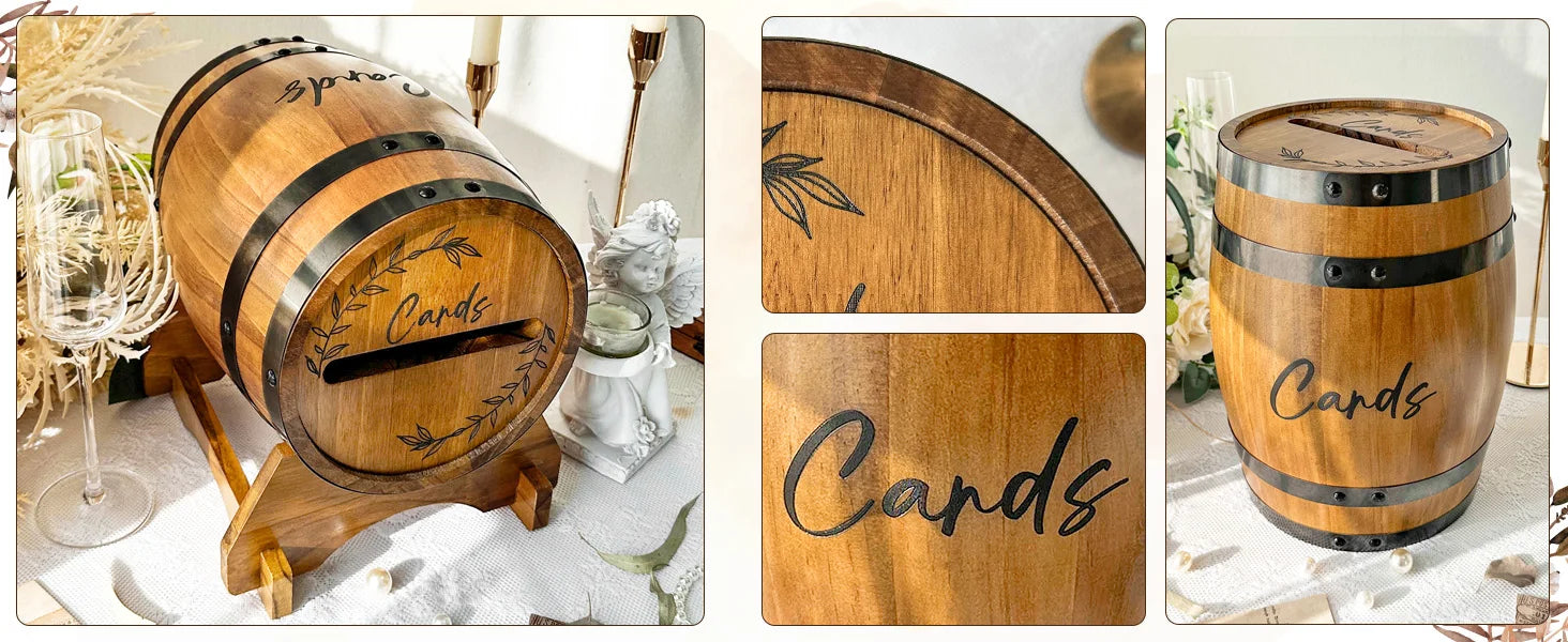 OurWarm Wooden wedding card box with base, brown whiskey barrel gift card box, suitable for graduation ceremony, baby shower
