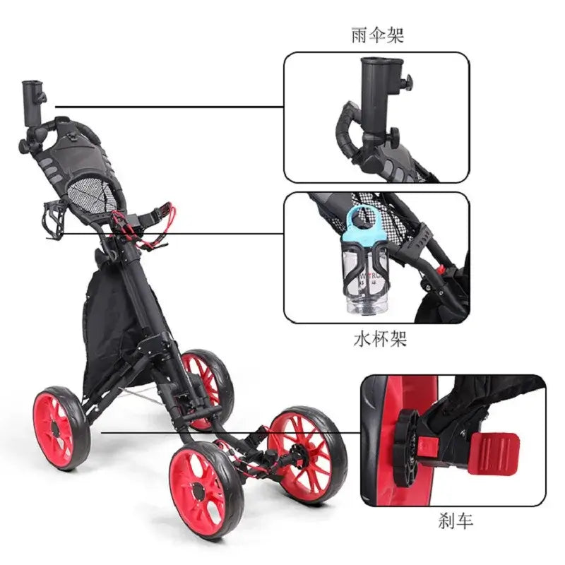 Folding Aluminum Alloy Golf Trolley 4 Wheels Golf Bag Pull Push Cart Umbrella Cup Holder Adjustable Trolley with Footbrake - YourGiftIdeasUK