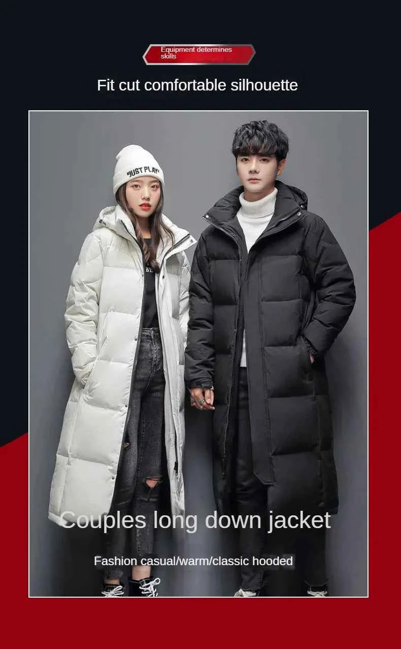 Men's Winter Long Down Jacket Brand Trendy Solid Color Hooded White Duck Down Parka Women Outdoor Ski Clothes Lightweight Coat