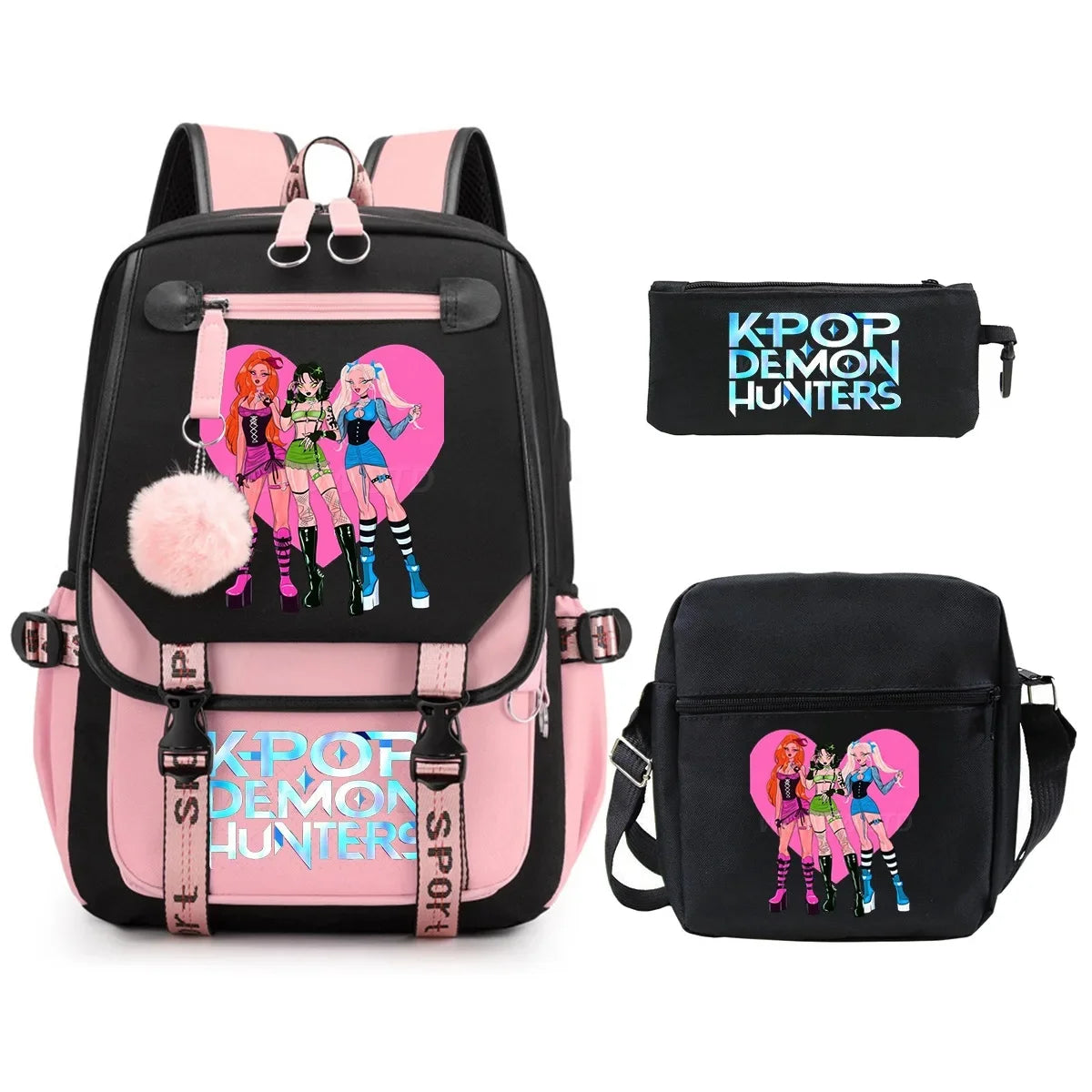 KPop Demon Hunters Student Backpack Single Shoulder Bag Casual Pencil Case Three Piece Set Oxford Cloth Unisex Backpack