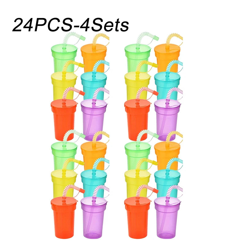 1-30PCS Neon Sipper Cups - Colorful Spill-Proof Cups with Lids and Straws - Ideal for School Events, Themed Parties and Birthda