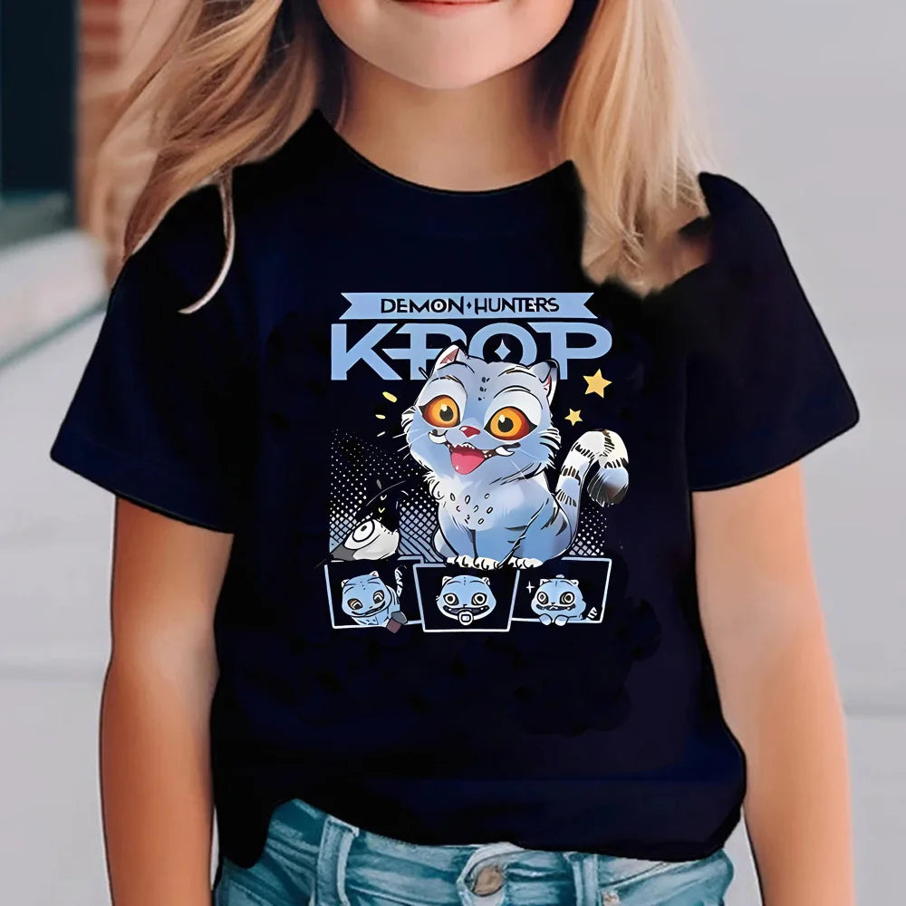 KPop Demon Hunters T-shirts for Children Anime Cartoon Short Sleeved Shirt Boys Girls Summer Fashion Top Kids Clothes Gifts