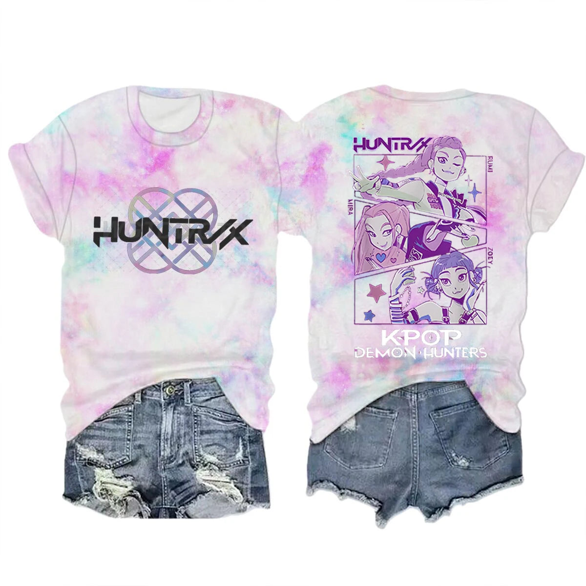 Anime K-Pop Demon Hunters T-shirt Tops Tie-dye Men's Women's Clothing Round Neck Short Sleeve T-shirt Street Style T-shirts