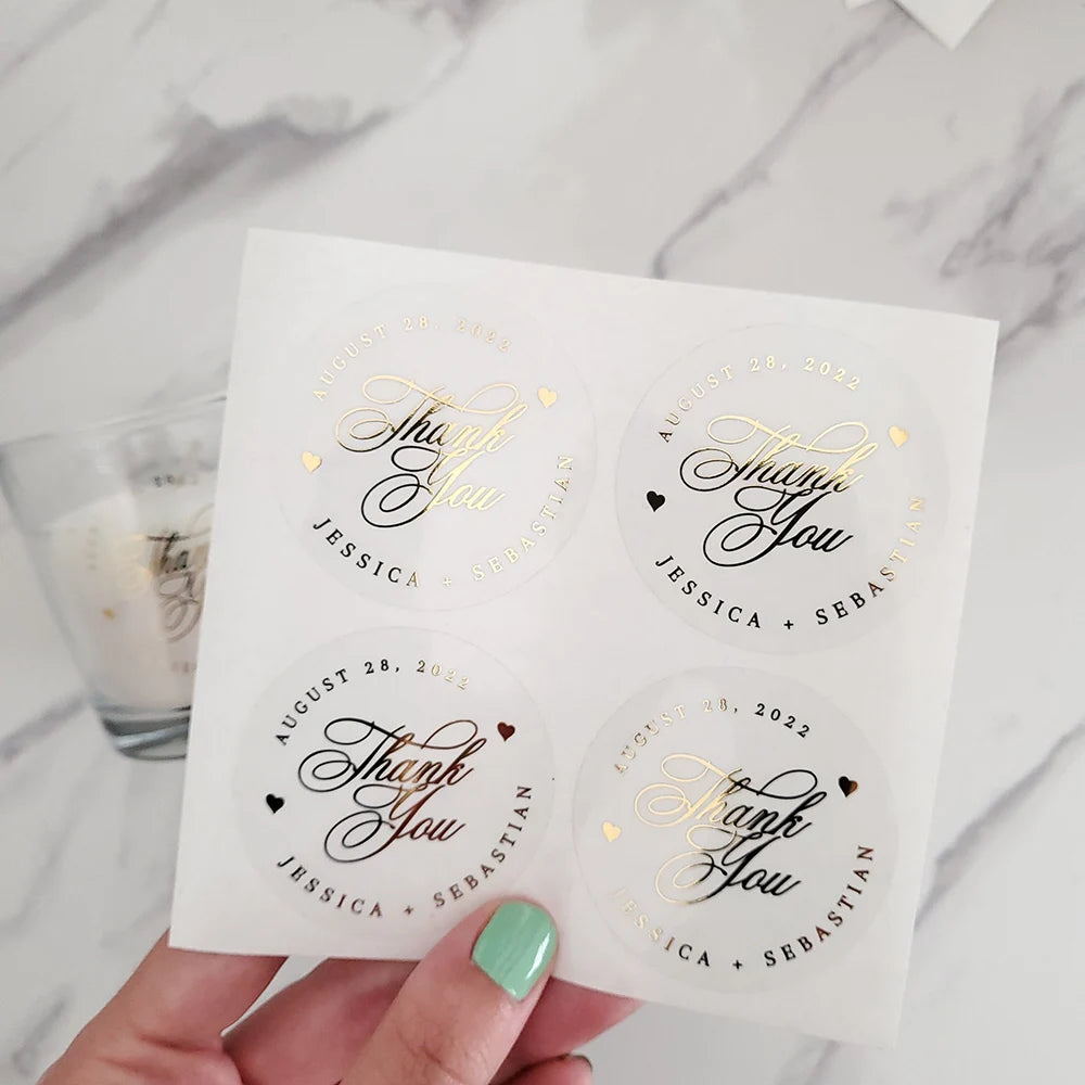 Custom 50pcs Round Gold Foil Clear Label Stickers Wedding Party Envelope Gift Bag Candles Box Pack Cookie Thank You Stickers