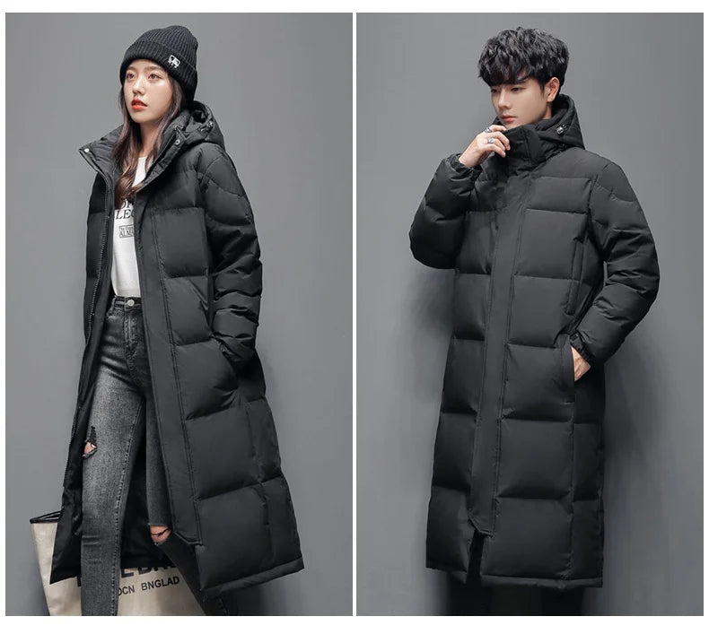 Men's Winter Long Down Jacket Brand Trendy Solid Color Hooded White Duck Down Parka Women Outdoor Ski Clothes Lightweight Coat
