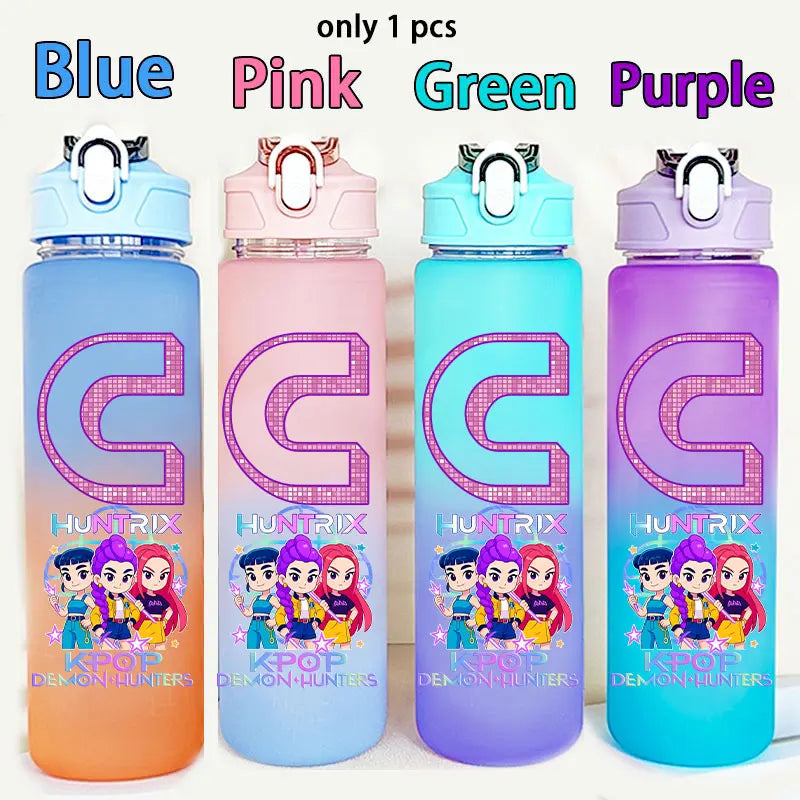 750ML Straw Plastic Water Bottle K-Pop Demon Hunters Letter Children's Anime Gradient Water Bottle Birthday Gift Rumi Mira Zoey - YourGiftIdeasUK