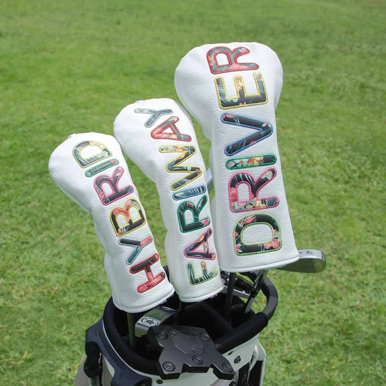 White Premium Leather Golf Head Cover Elegant Embroidery High Quality Golf Club Driver Head Covers  Fariway Wood Covers Hybrid