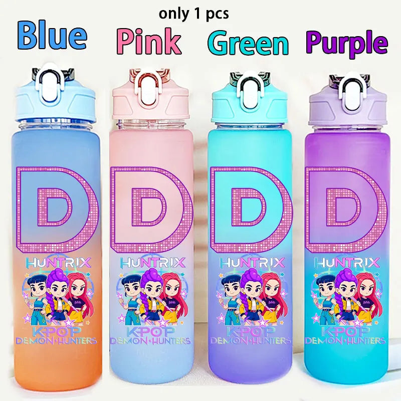 750ML Straw Plastic Water Bottle K-Pop Demon Hunters Letter Children's Anime Gradient Water Bottle Birthday Gift Rumi Mira Zoey - YourGiftIdeasUK