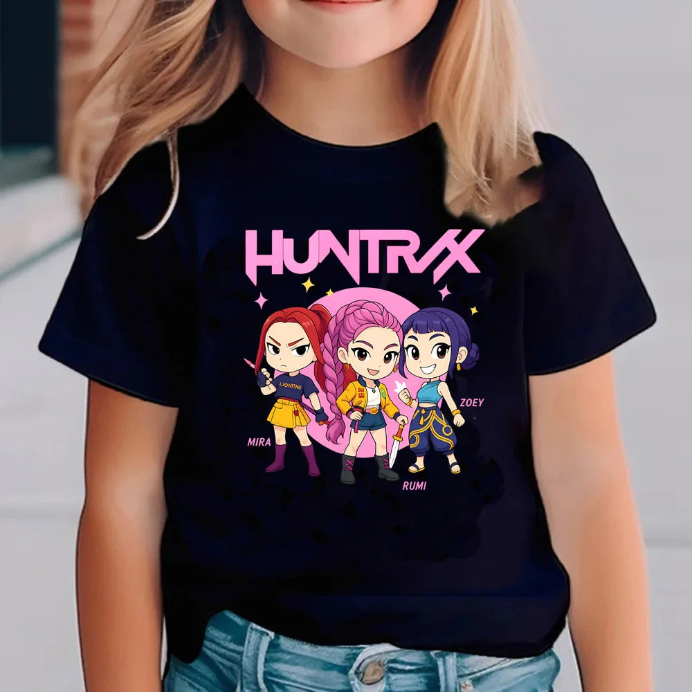 KPop Demon Hunters T-shirts for Children Anime Cartoon Short Sleeved Shirt Boys Girls Summer Fashion Top Kids Clothes Gifts
