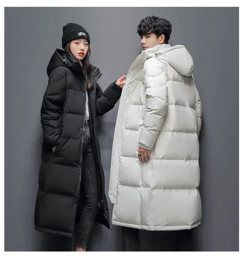 Men's Winter Long Down Jacket Brand Trendy Solid Color Hooded White Duck Down Parka Women Outdoor Ski Clothes Lightweight Coat