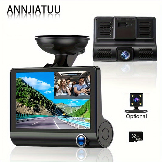 Three-lens HD Night Vision Driving Recorder With Suction Cup Installation, Three Cameras For Front, Interior, And Rear Of The Car, Recording Synchronously, With Reverse Image And Loop Recording.