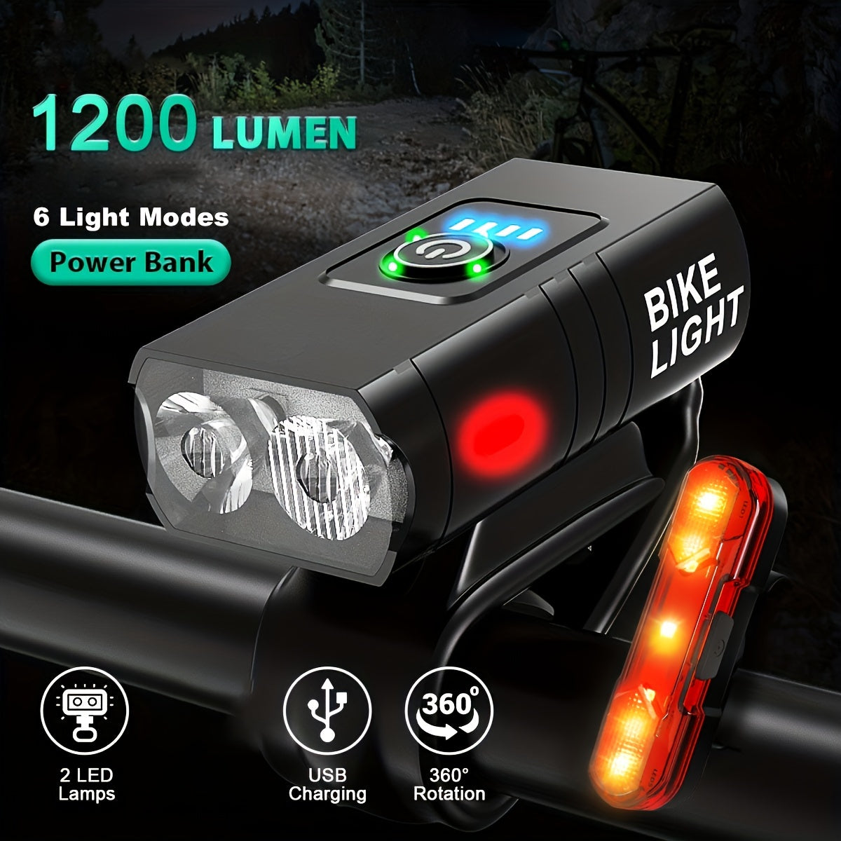 LED Bike Light Set - 6 Flash Modes, USB Rechargeable, Durable Aluminium Housing, Rear Safety Light, Water-Resistant, Long-Lasting Battery Life for Cycling, Biking, Motorcycling and Commuting